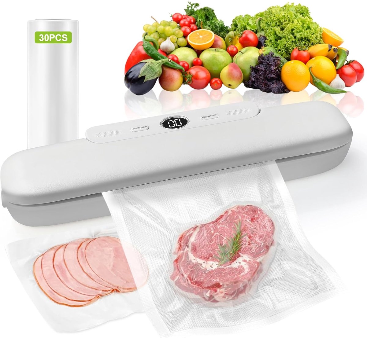 Vacuümmachine voor levensmiddelen, verzegelingsmachine met 1 knop met 30 zakken, automatische en handmatige modus, ideaal voor het bereiden van maaltijden, voorraad en organisatie in de