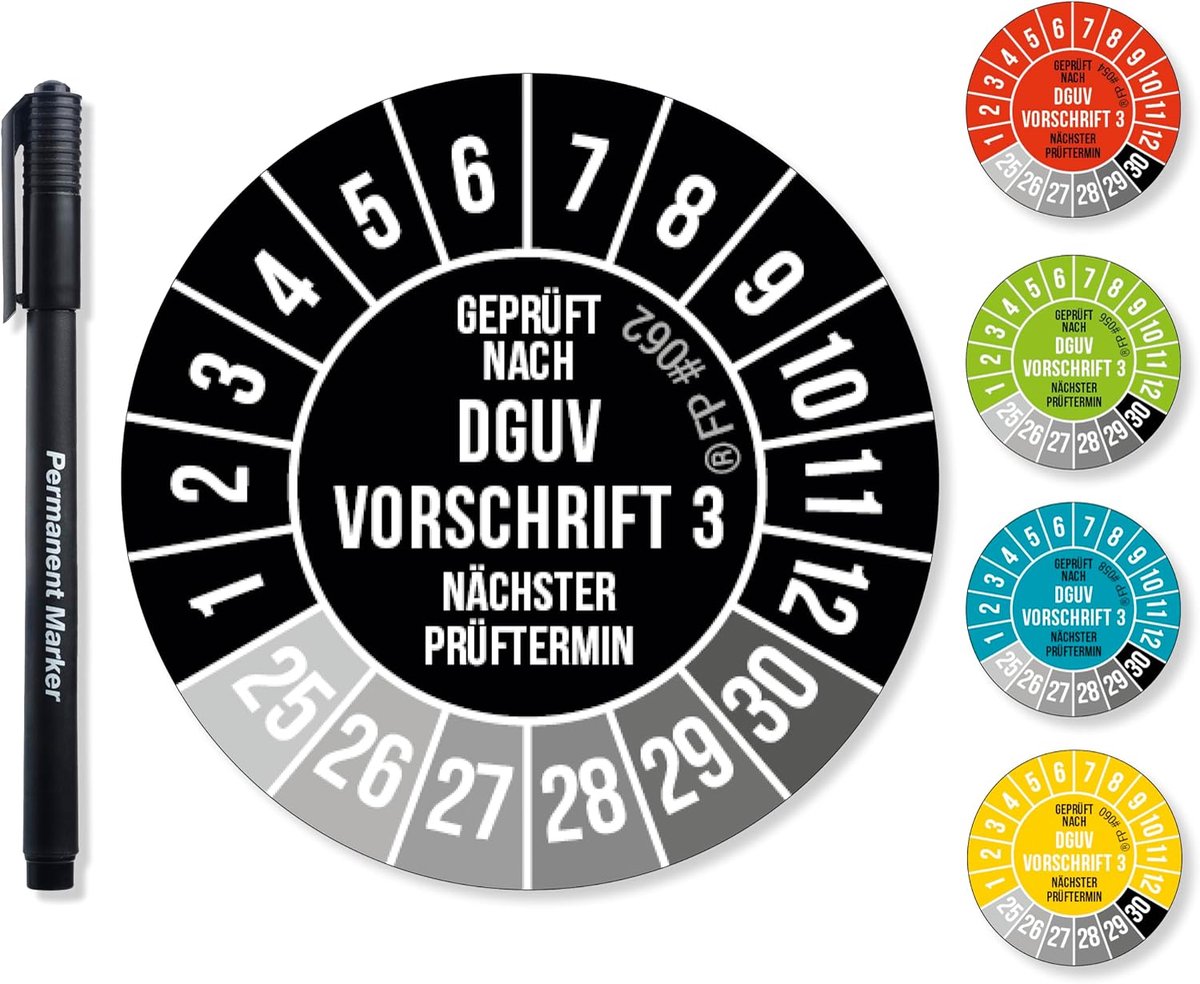 120x DGVU V3 teststickers zwart/wit 30 mm diameter incl. foliestift, teststickers Volgende testdatum, UV-bestendig, hoge kleefkracht, 5 kleuren, 2 maten