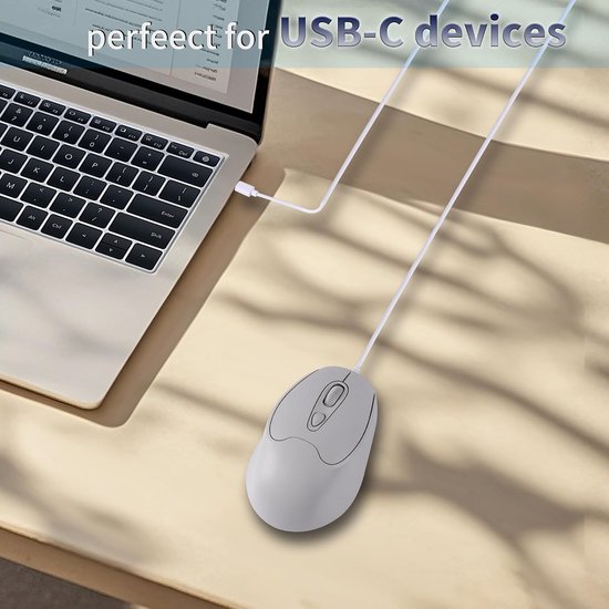 Optische USB-C muis, 1,2 m kabel, instelbare DPI 1600/1200/800, elegant 4-knops design met USB-C-aansluiting, stil en ergonomisch voor MacBook, laptop, iPad, Surface, smartphones, grijs — afbeelding 5