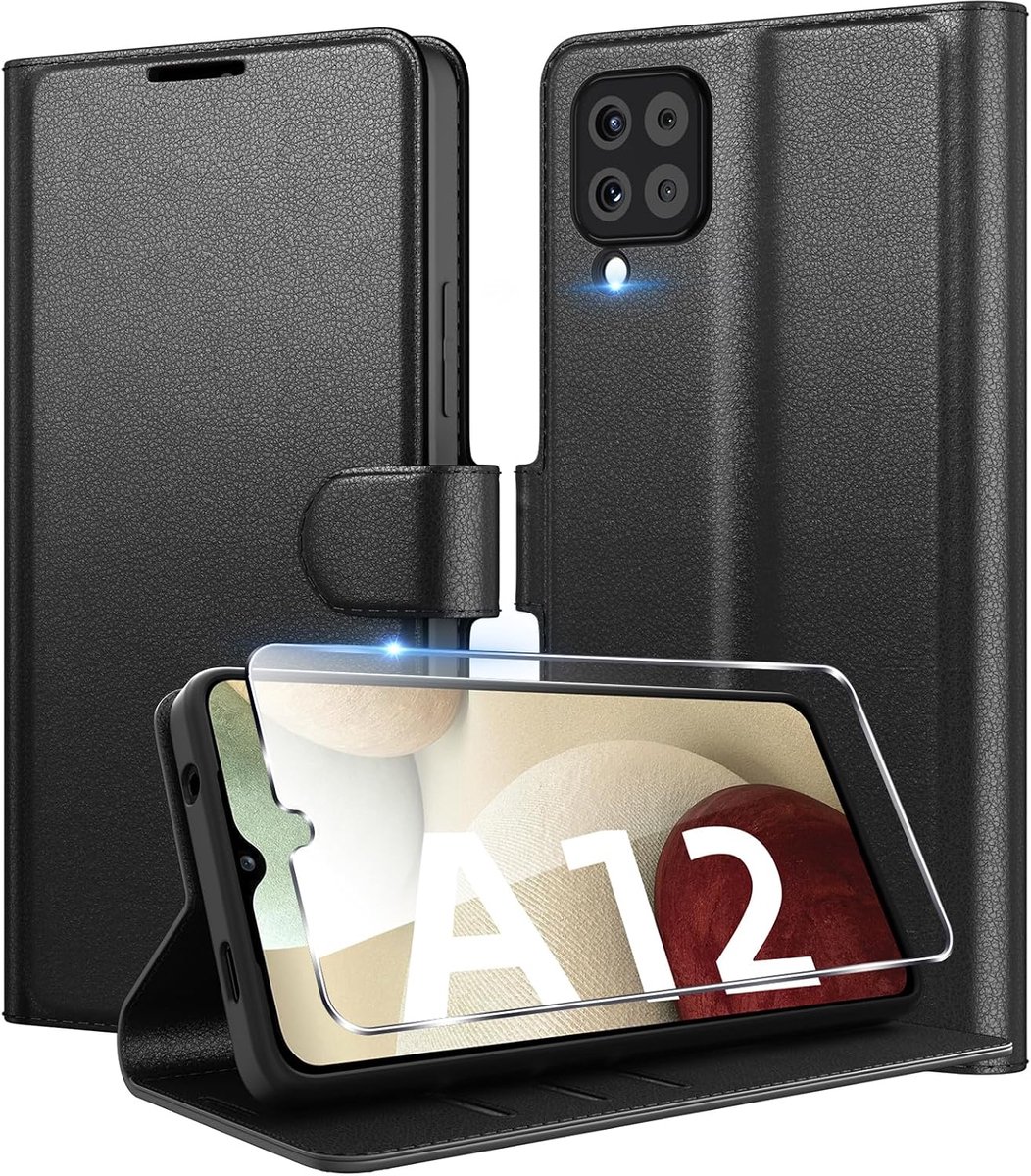 Hoes voor mobiele telefoon voor Samsung Galaxy A12 / M12 + 1 beschermfolie, premium PU-leren klaphoes, kaartsleuven, portemonnee, standfunctie, magnetische flip beschermhoes, zwart