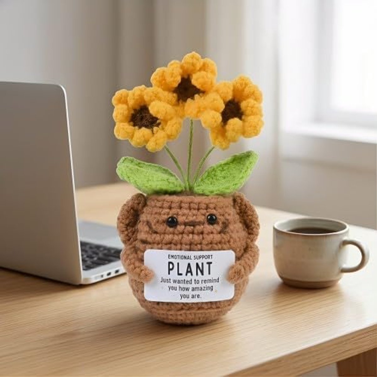 Zonnebloem, handgebreide zonnebloemplant, cadeau voor dames en moeder, cadeau voor collega, pensioen, vriendin, collega, bedankje, met motiverende kaart