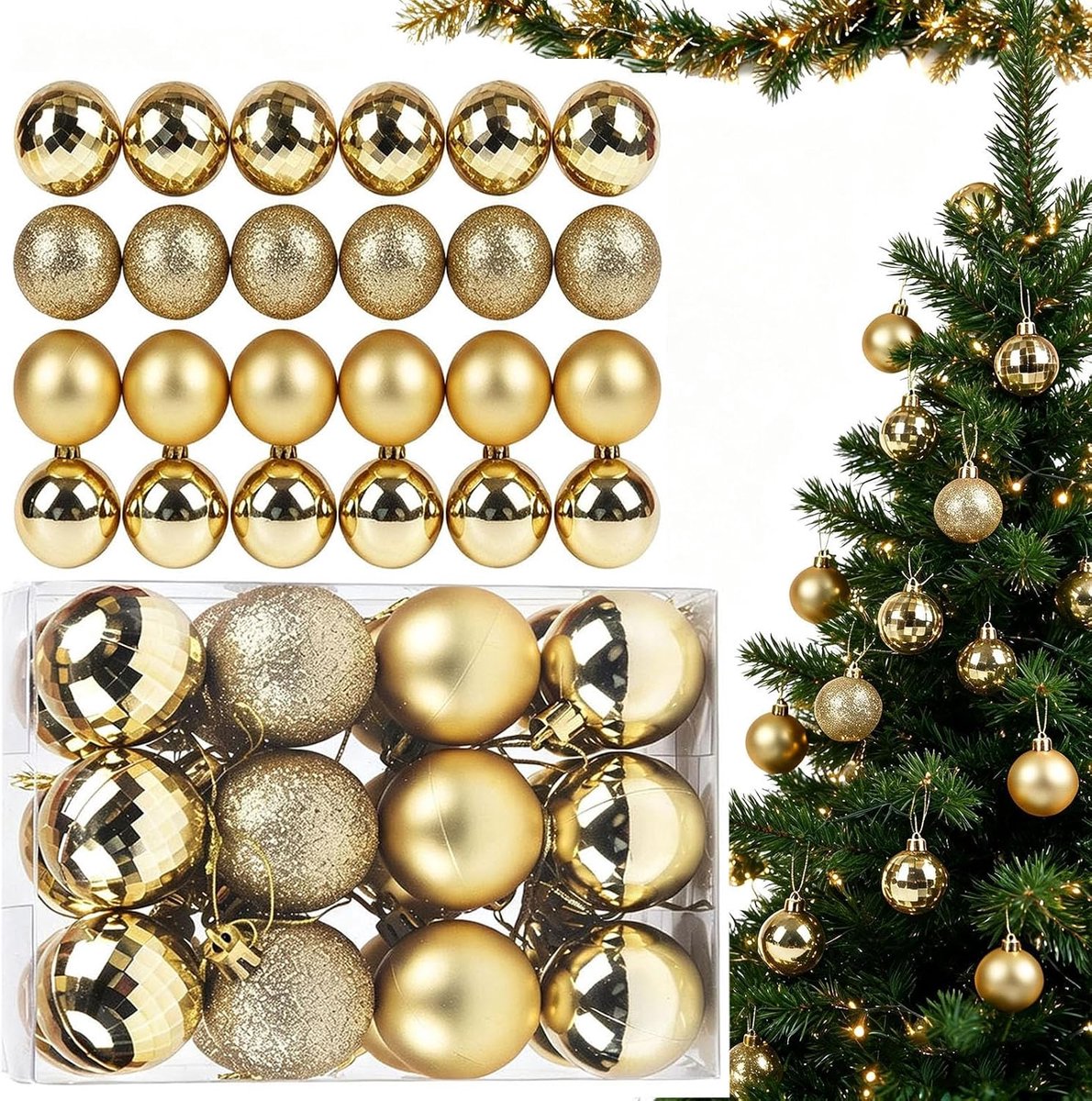 Kerstballenset, goud, 24-delige kerstballen, ornamenten, set kerstballen, onbreekbare ornamenten, verschillende voorgebonden kerstballen voor adventskalender, kerstboomdecoratie