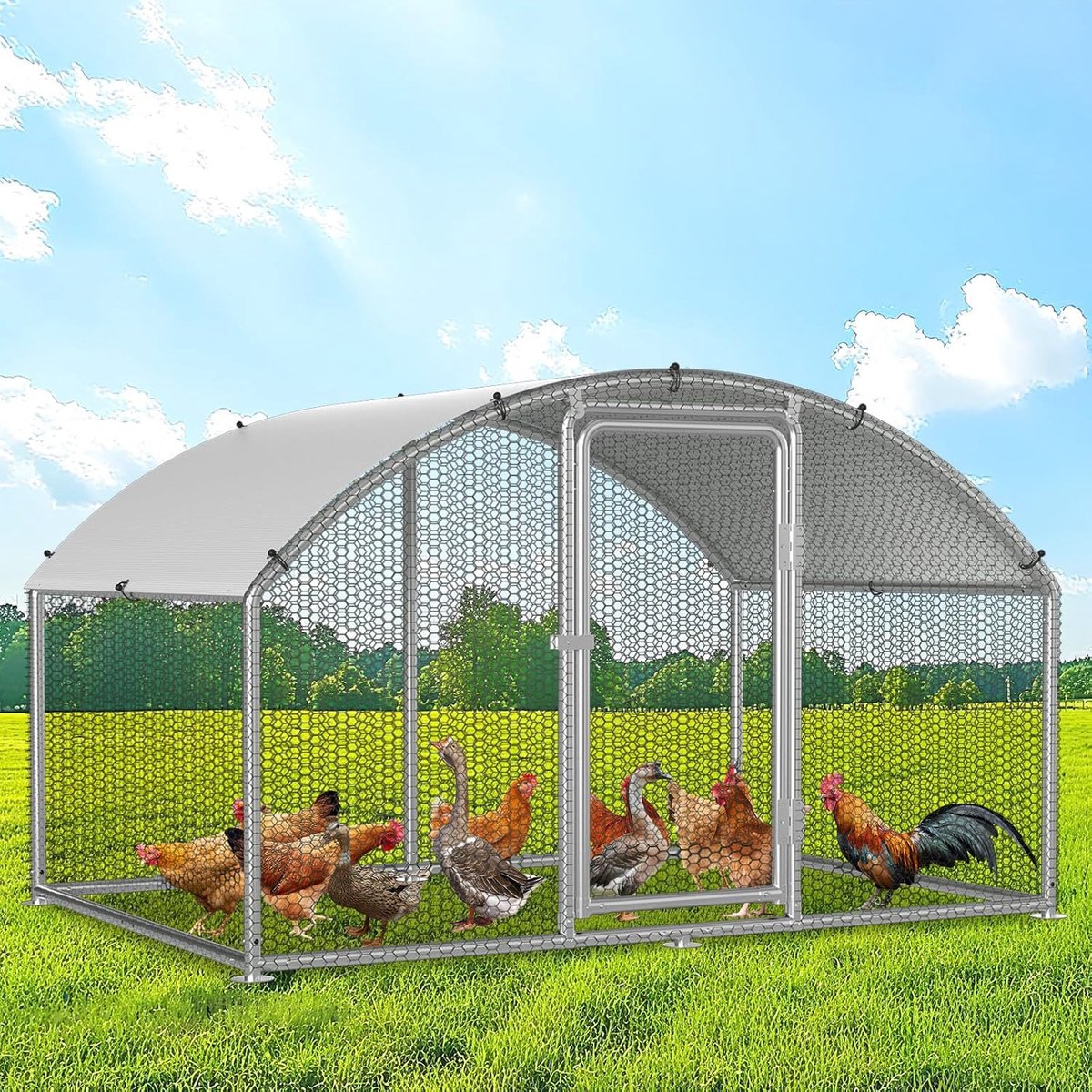 Kippenhok met vrije uitloop, vrijloop voor konijnen, met gegalvaniseerd stalen frame, kippenhok met koepeldak en slot en waterdicht PE-materiaal, voor kippen, kleine dieren