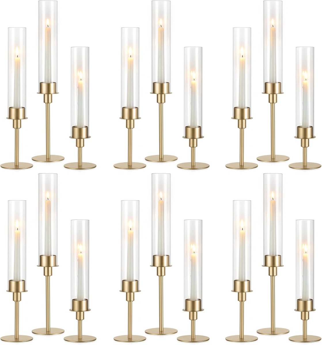 Kaarsenhouder Lantaarn Goud met Glas: 3-delige Set Elegante Kaarsenhouder van Metaal met Wasvanger voor Stafkaarsen - Warme Tafeldecoratie voor Woonkamer Dressoir Eetkamer