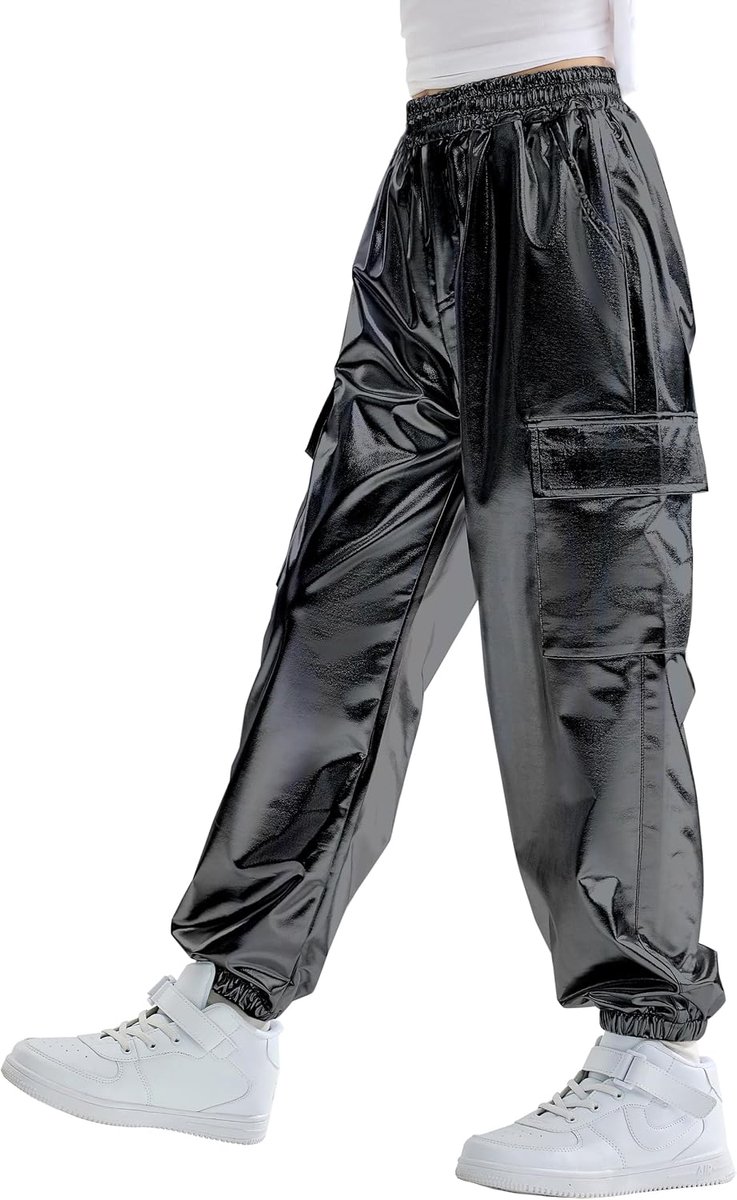 Cargobroek voor meisjes, dans, hiphop, metallic, glanzend, elastische tailleband, retro, streetwear