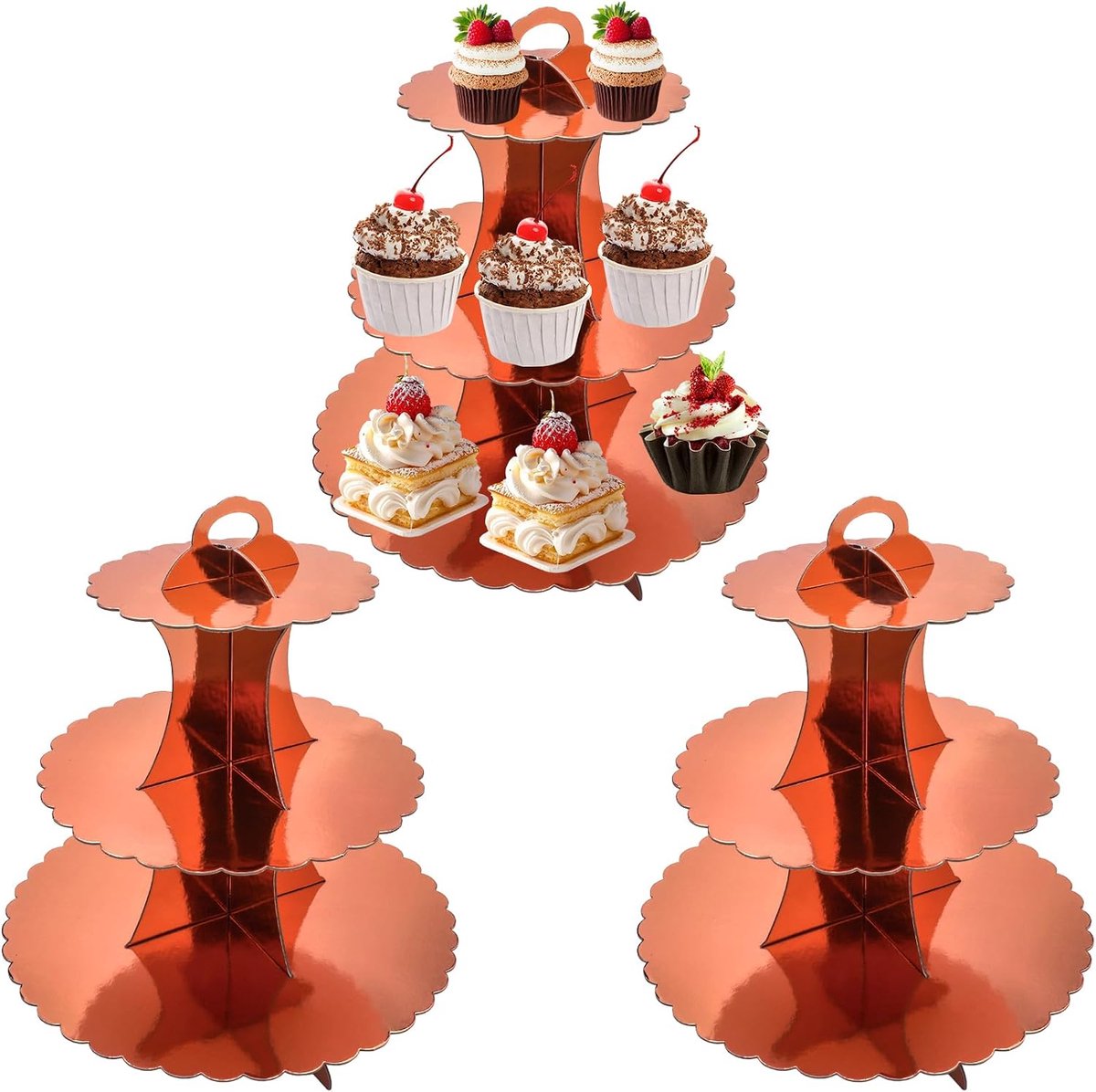 3 PACK Kartonnen Cupcake Stand 3- Tier kanten rand Dessert Stand, Kartonnen Cupcake Stand (Rose Gold)