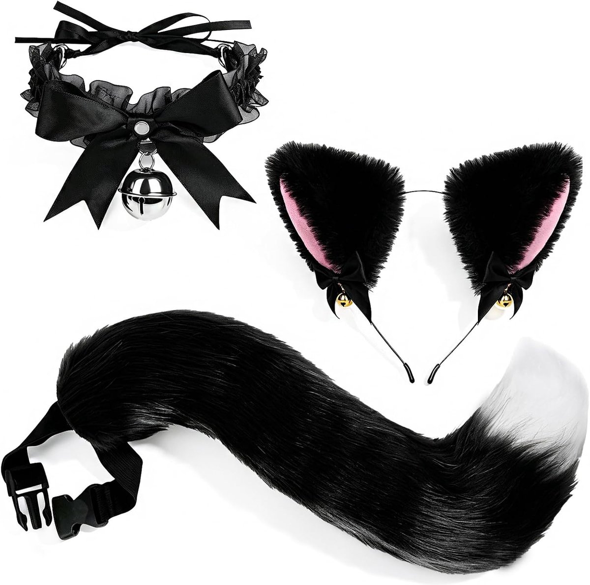 Kattenvossenkostuum voor dames, bevat kunstbont vossenstaart, wolf-vossenoren, halsband, kattenpoten handschoenen, kattenkostuumset, kattenoren, haarband, Halloween, carnaval, cosplay