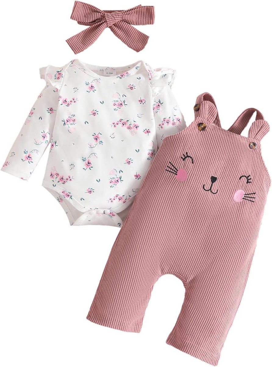 Kledingset voor babymeisjes, met bloemenbovendeel en verstelbare beren-tuinbroek