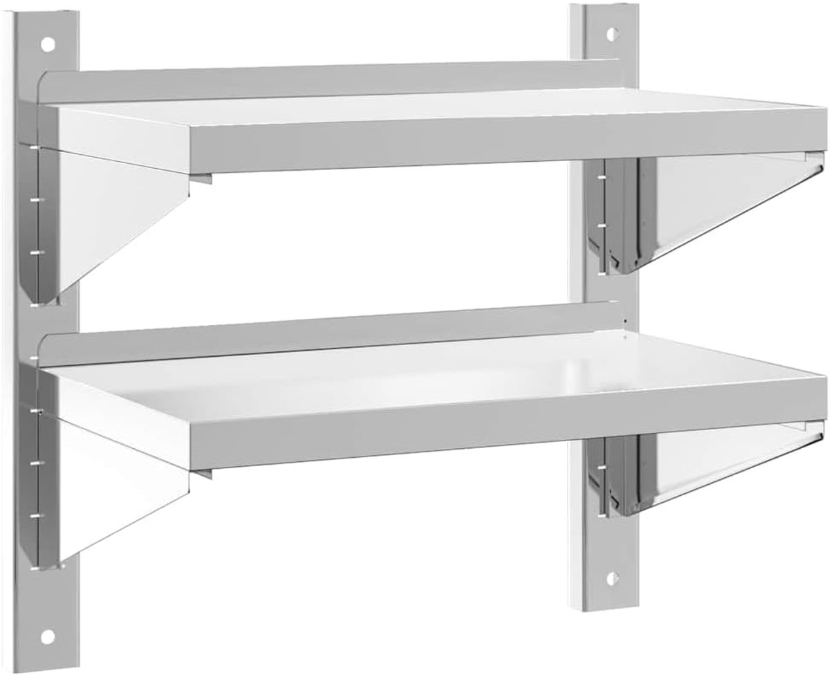 Kleine keukenrek, wandplanken, wandrek met 2 planken, 50 x 30 x 48 cm, zilverkleurig roestvrij staal, voor badkamer, keuken, kantoor, woonkamer