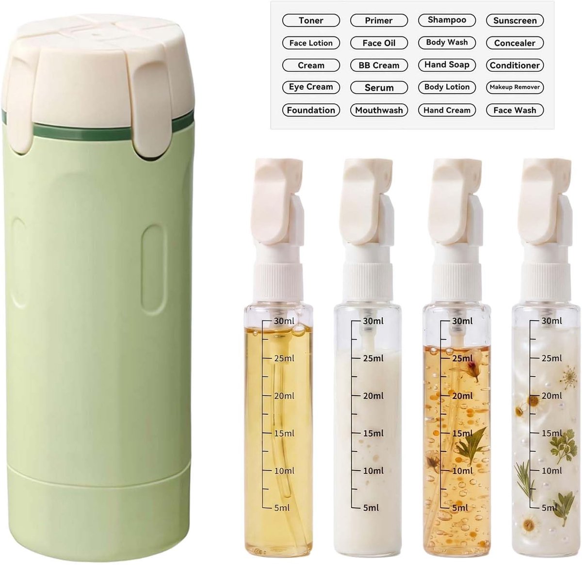 Reisflessen, 4 x 30 ml flessen, dispenser navulbaar, 4-in-1 reisdispenser, navulbaar, reisflessen om te vullen, met schaal en etiketten, geschikt voor shampoo, spoeling enz