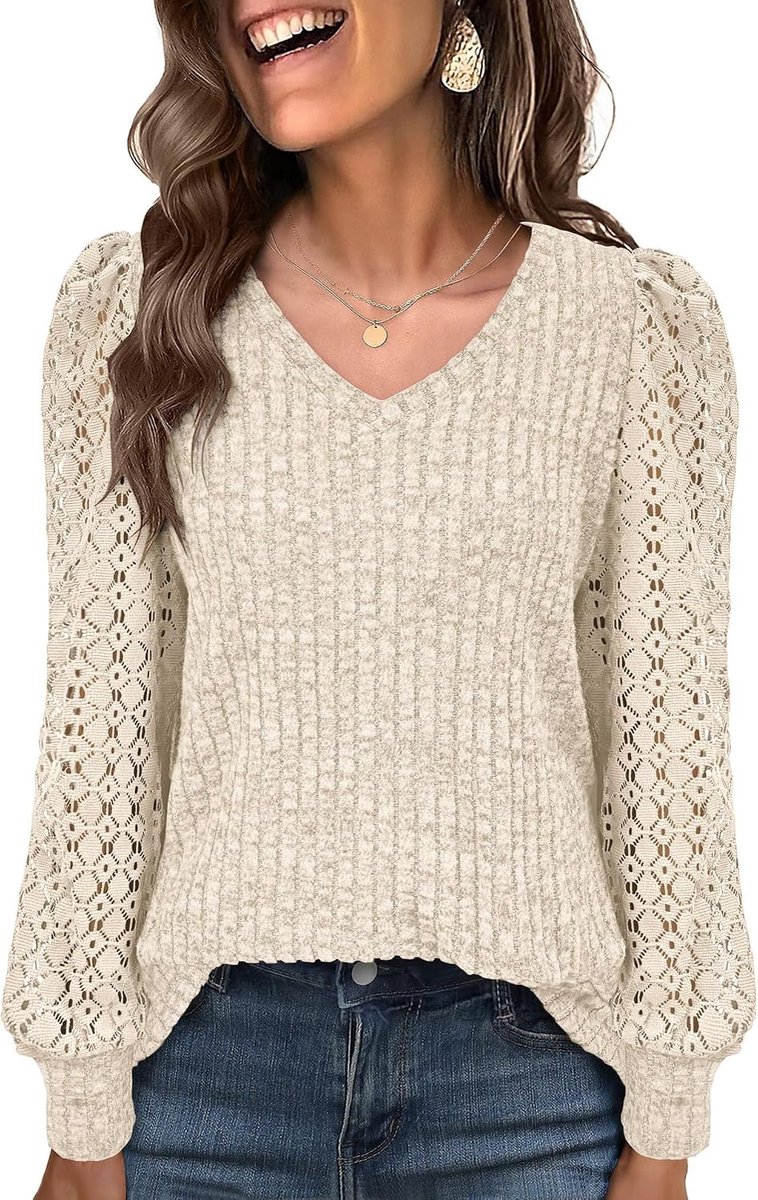 gebreide trui voor dames, V-hals, lange mouwen, met kant, casual, herfst, top, tuniek, sweatshirt voor vrouwen