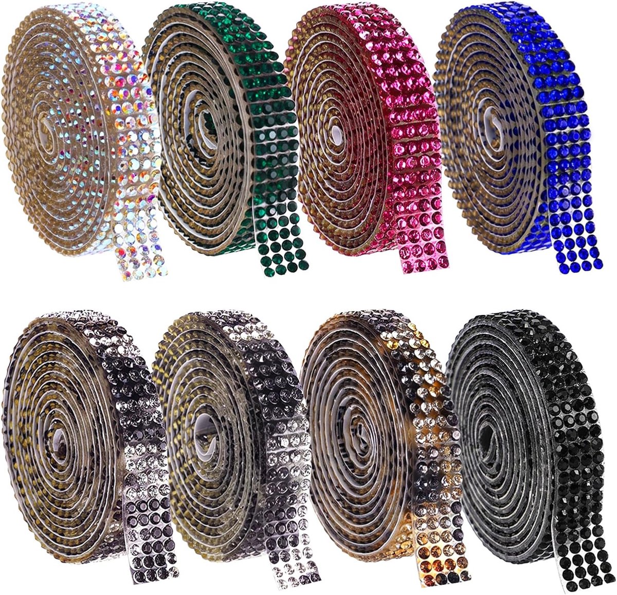 8 rollen glitterstenen, zelfklevend, 4-rijen glitterband, 8 kleuren
