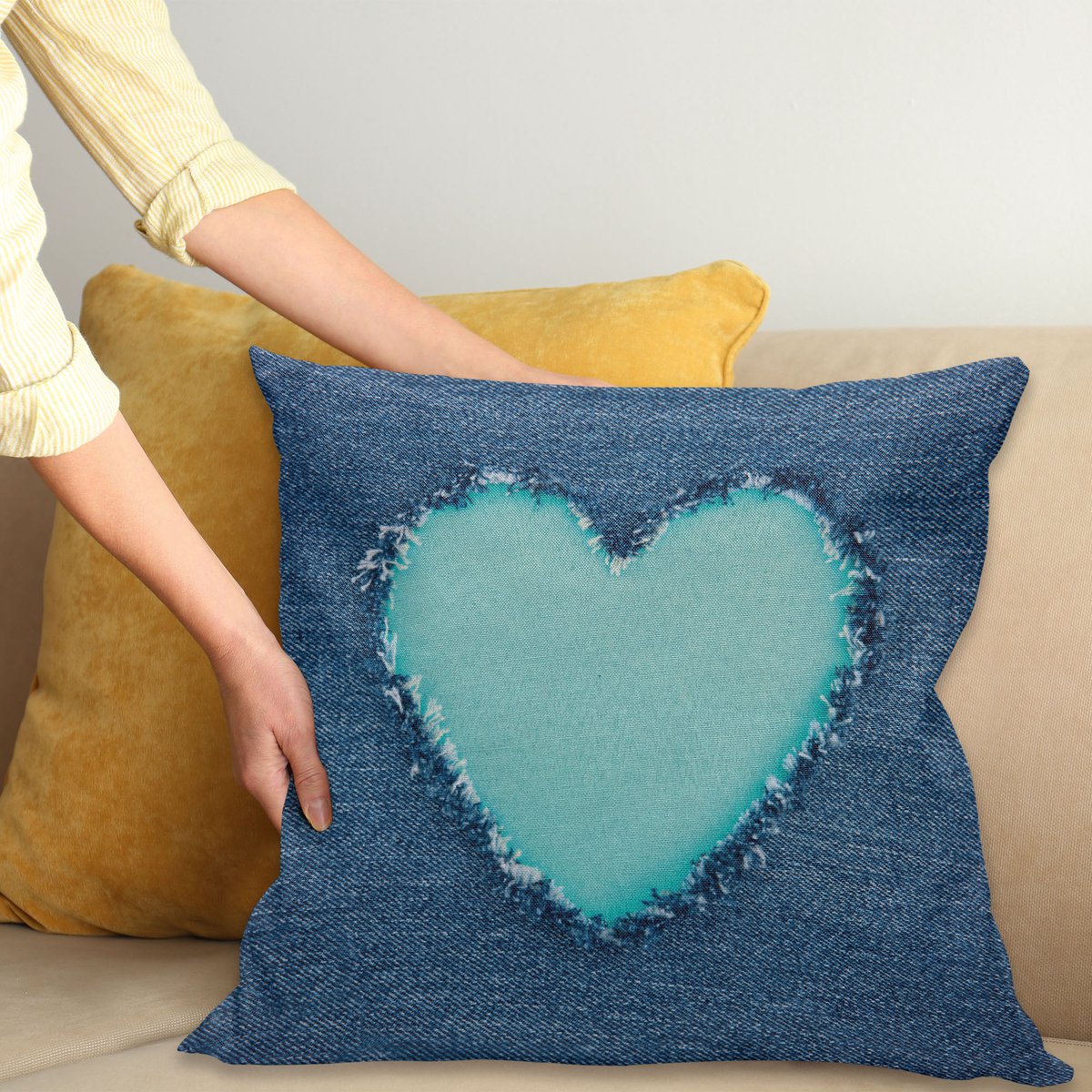 ABAKUHAUS Maritiem en Teal Kussenhoes, Denim-Hart-Liefde, Water- en Vuilafstotend, Wasbaar, Dubbelzijdige Print met Ritssluiting, 60 x 60 cm, Marineblauw Zeegroen