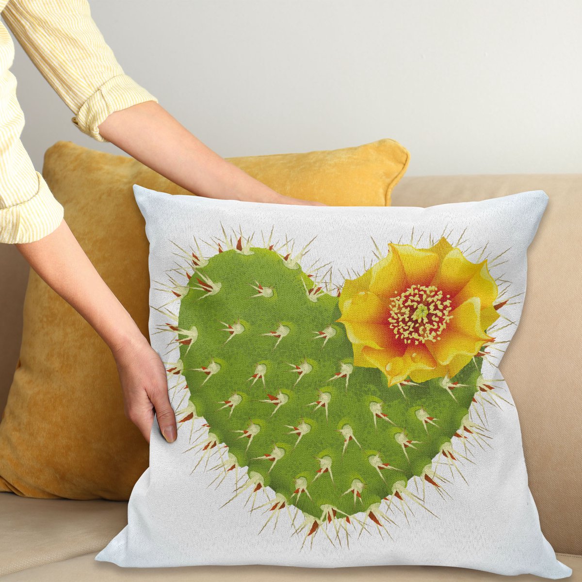 ABAKUHAUS Kaktus Kussenhoes, Dornige Opuntia Hart, Kussenhoes met Ritssluiting en Dubbelzijdige Print, 40 x 40 cm, Groen Geel Oranje