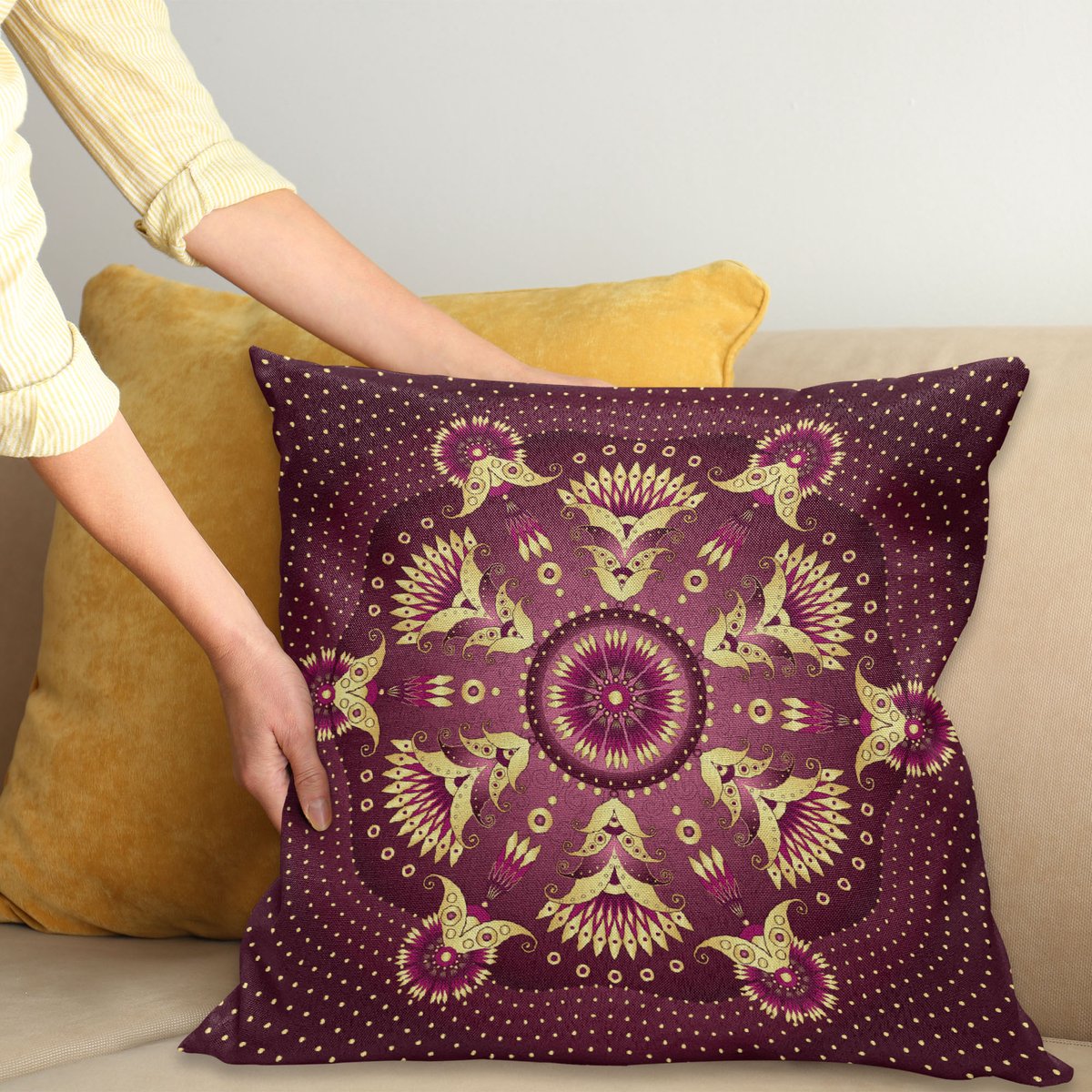 ABAKUHAUS Lila Mandala Kussenhoes, Östlicher Retro Print, Water- en Vuilafstotend, Wasbaar, Dubbelzijdige Print met Ritssluiting, 40 x 40 cm, Getrocknete Roos Geel