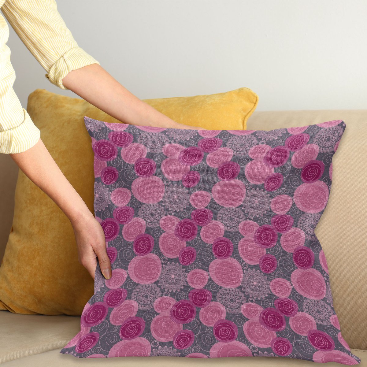 ABAKUHAUS Roze en Grijs Kussenhoes, Lace gewirbelte Kreis, Kussenhoes met Ritssluiting en Dubbelzijdige Print, 60 x 60 cm, Fuchsia Magenta Grijs
