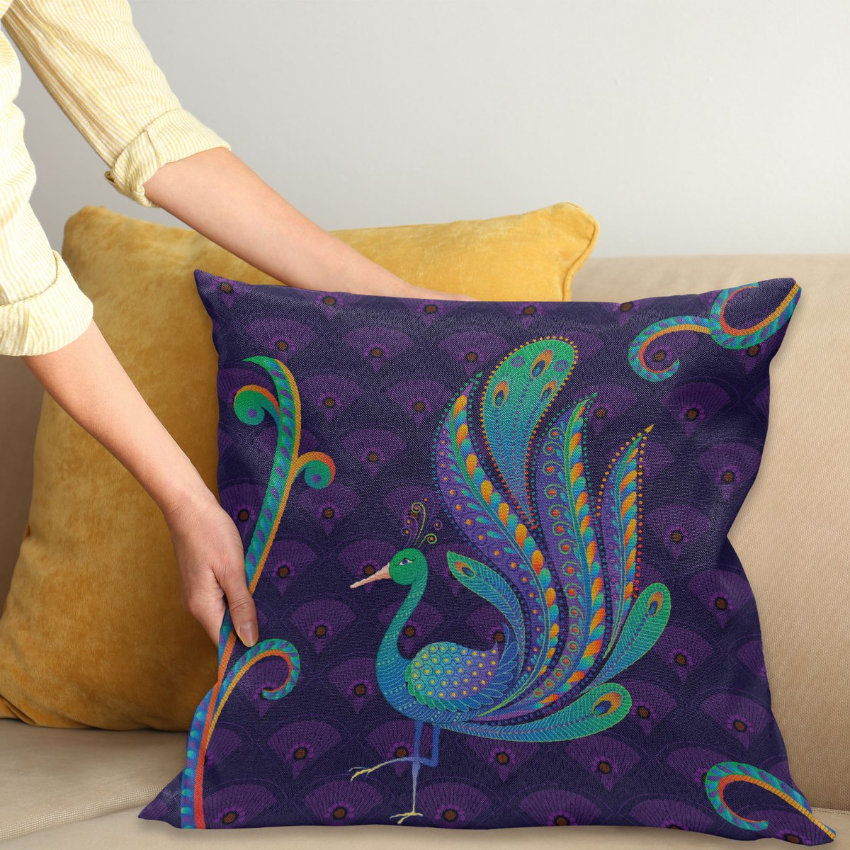 ABAKUHAUS Pfau Kussenhoes, Oosters Vogel-Veer, Wasbare Sierkussenhoes voor Binnen/Buiten, Dubbelzijdige Print met Ritssluiting, 40 x 40 cm, Lila Groen en Blauw