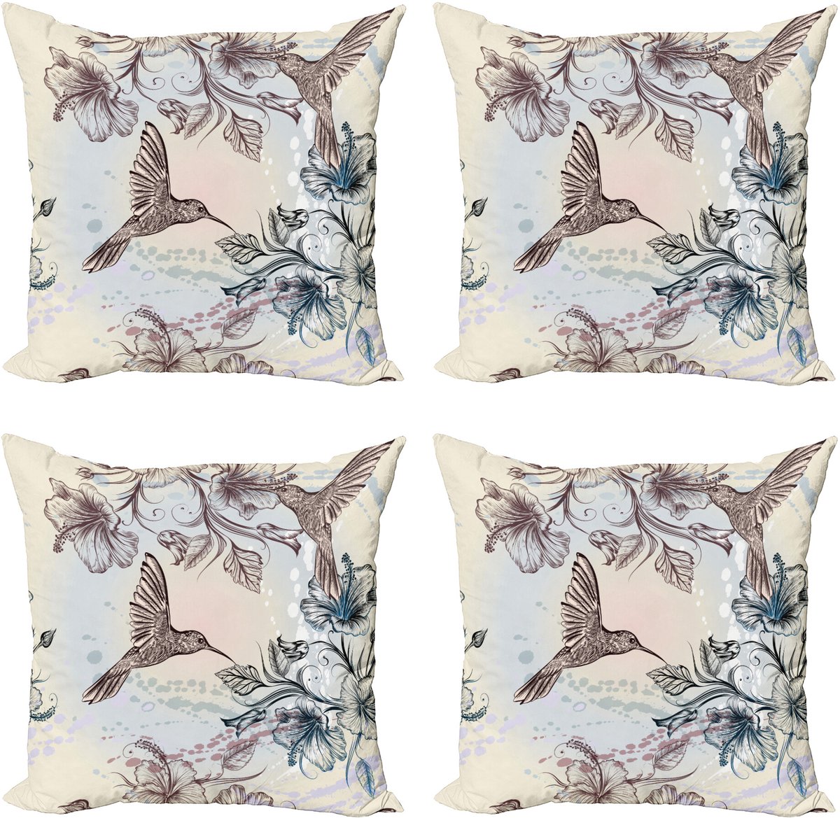 ABAKUHAUS Kolibri Sierkussen Kussenhoes 4er Set, Vogels Hibiscus Bloemen, Modern Accent Dubbelzijdige Digitale Print, 60 x 60 cm, Teal
