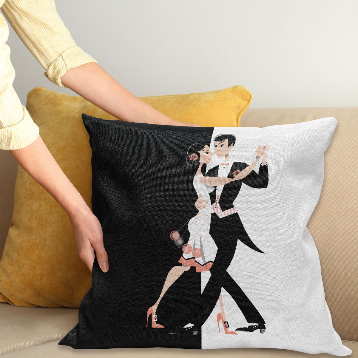 ABAKUHAUS Oud Hollywood Kussenhoes, Tanzen-Paare, Van Kleurechte Wasbare Stof, Dubbelzijdige Print met Stevige Ritssluiting, 40 x 40 cm, Zwart Wit en Koraal