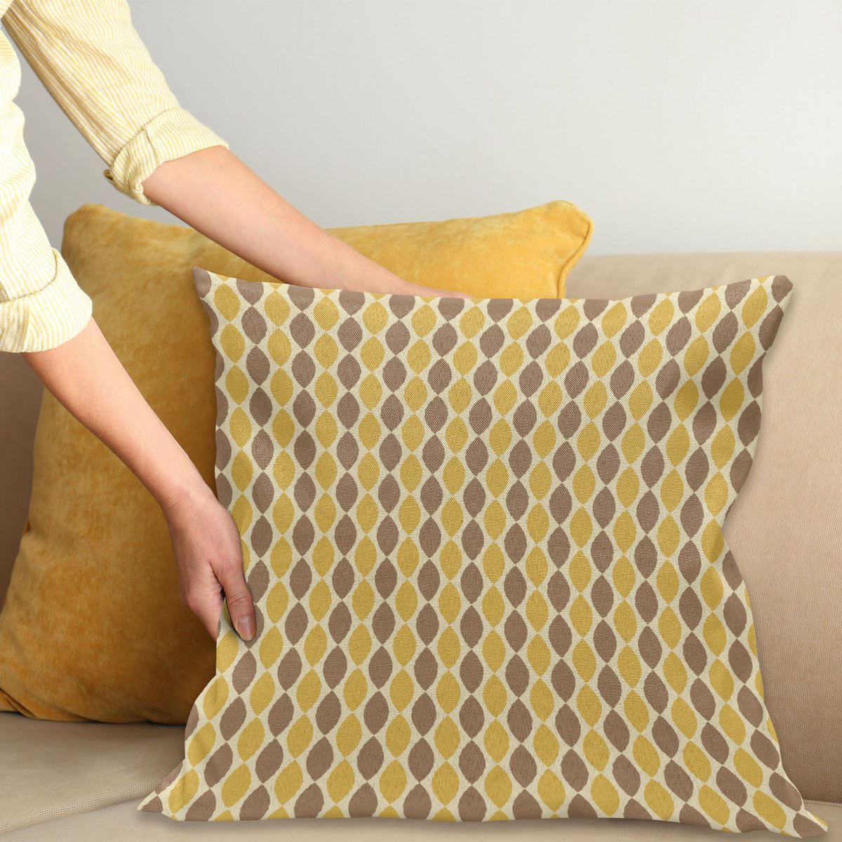 ABAKUHAUS Vintage Kussenhoes, Ovale Formen Retro Kleuren, Wasbare Sierkussenhoes voor Binnen/Buiten, Dubbelzijdige Print met Ritssluiting, 40 x 40 cm, Eierschaal Mosterd