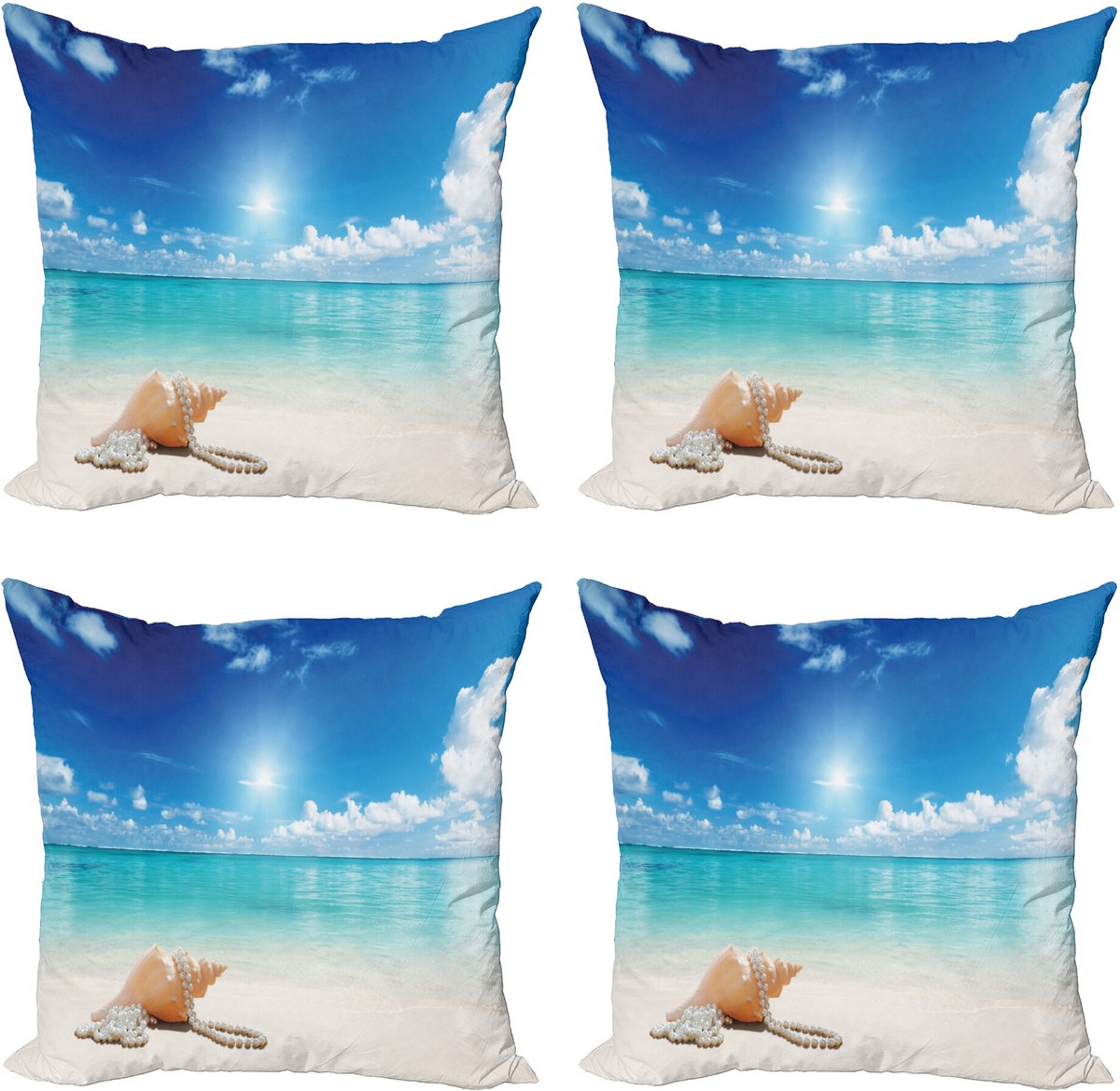 ABAKUHAUS Oceaan Sierkussen Kussenhoes 4er Set, Schelpen Tropisch Strand, Modern Accent Dubbelzijdige Digitale Print, 50 x 50 cm, Turquoise Crème