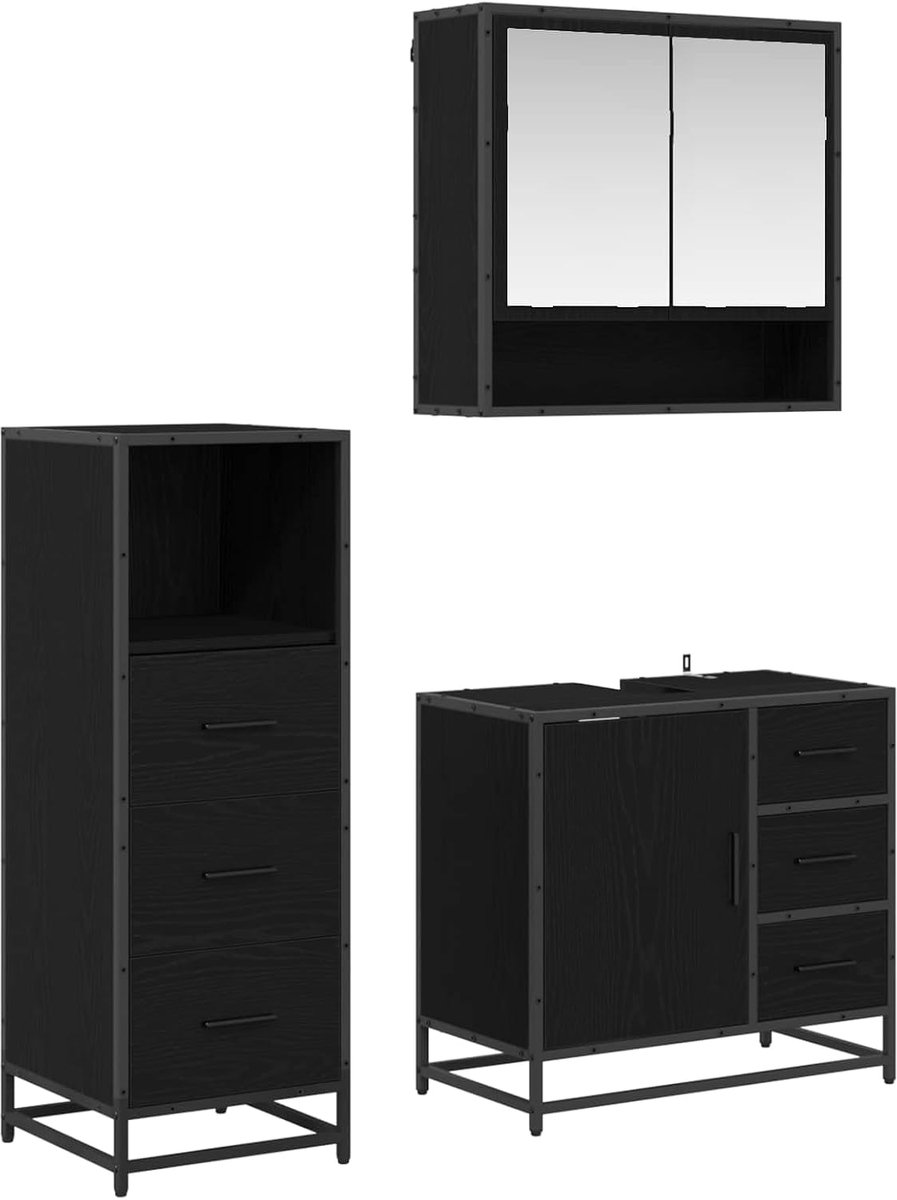 Badkamermeubelset, 3-delig, zwart eikenlook, houtmateriaal, wandmontage met spiegelkast, wastafelkast en hoge kast, moderne badkamerkastset met zwart