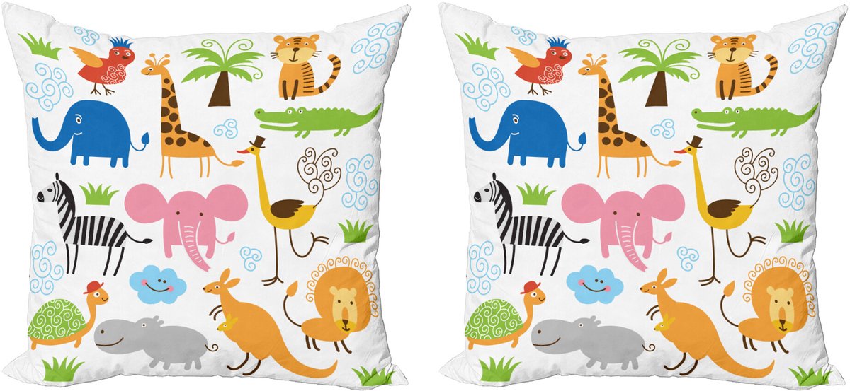 ABAKUHAUS Dier Sierkussenhoes Set van 2, Safari Giraffe Olifant, Modern Accent Dubbelzijdige Digitale Print, 40x40, Meerkleurig