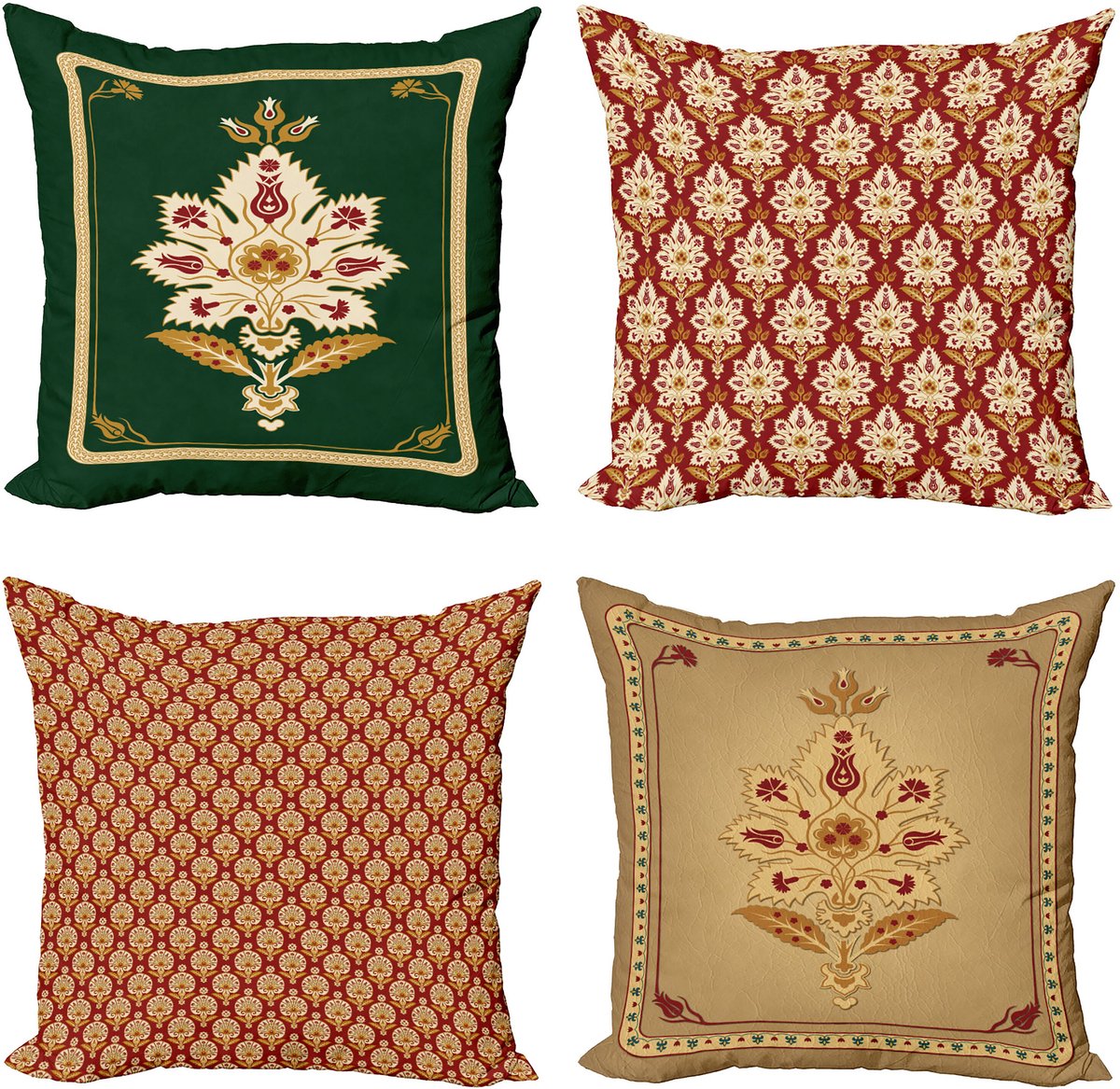 ABAKUHAUS Oosters Sierkussen Kussenhoes 4 er Set, Kultur Arabeskedamastentwurf, Modern Accent Dubbelzijdige Digitale Print, 50 x 50 cm, Burgund Smaragd en Kamel