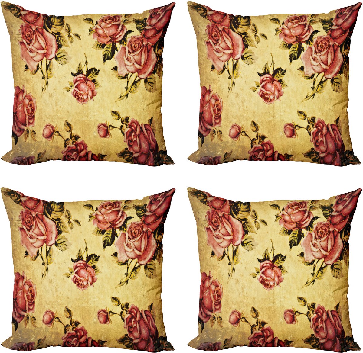 ABAKUHAUS Roos Sierkussen Kussenhoes 4er Set, Victoriaans-Kunst-Patroon, Modern Accent Dubbelzijdige Digitale Print, 45 x 45 cm, Crème Groen Roze