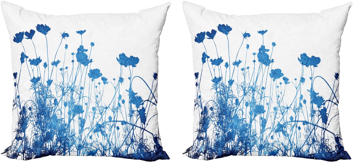 ABAKUHAUS Blauw Wit Sierkussenhoes Set van 2, Wildblumen-Blüte, Modern Accent Dubbelzijdige Digitale Print, 45x45, Blauw Wit