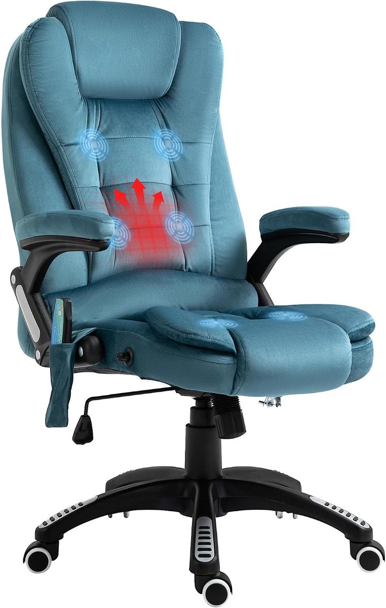 Massage- en verwarmde bureaustoel, bureaustoel, ergonomische stoel met verstelbare hoogte, rugleuning en afstandsbediening, bekabeld, 360 graden draaibaar, polyesterstof, blauw