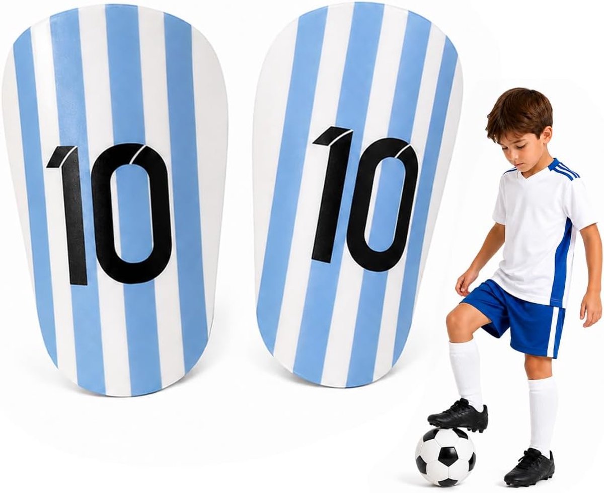 Scheenbeschermers 1 paar lichte scheenbeschermers 12 x 7,8 cm met blauwe en witte strepen, PP + EVA, scheenbeschermers met inzetstuk, ideaal voor training en games