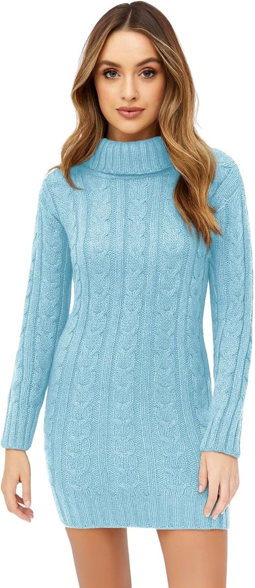 Dames Cowl Polo Neck Kabel Gebreide Jumper Bodycon Tuniek Mini Jurk, Blauw, 46/48 NL