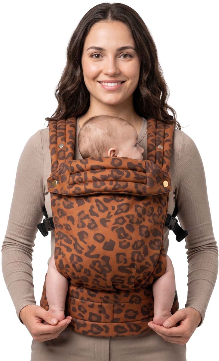 Vulpes Goods® BabyCare - Draagzak – Ergonomische Baby Draagzak 0-36 mnd – Luxe Buikdrager tot 20 kg – OEKO-TEX® Katoen – Handsfree Comfort - Met Rugsteun & M-Positie - Sienna Leopard