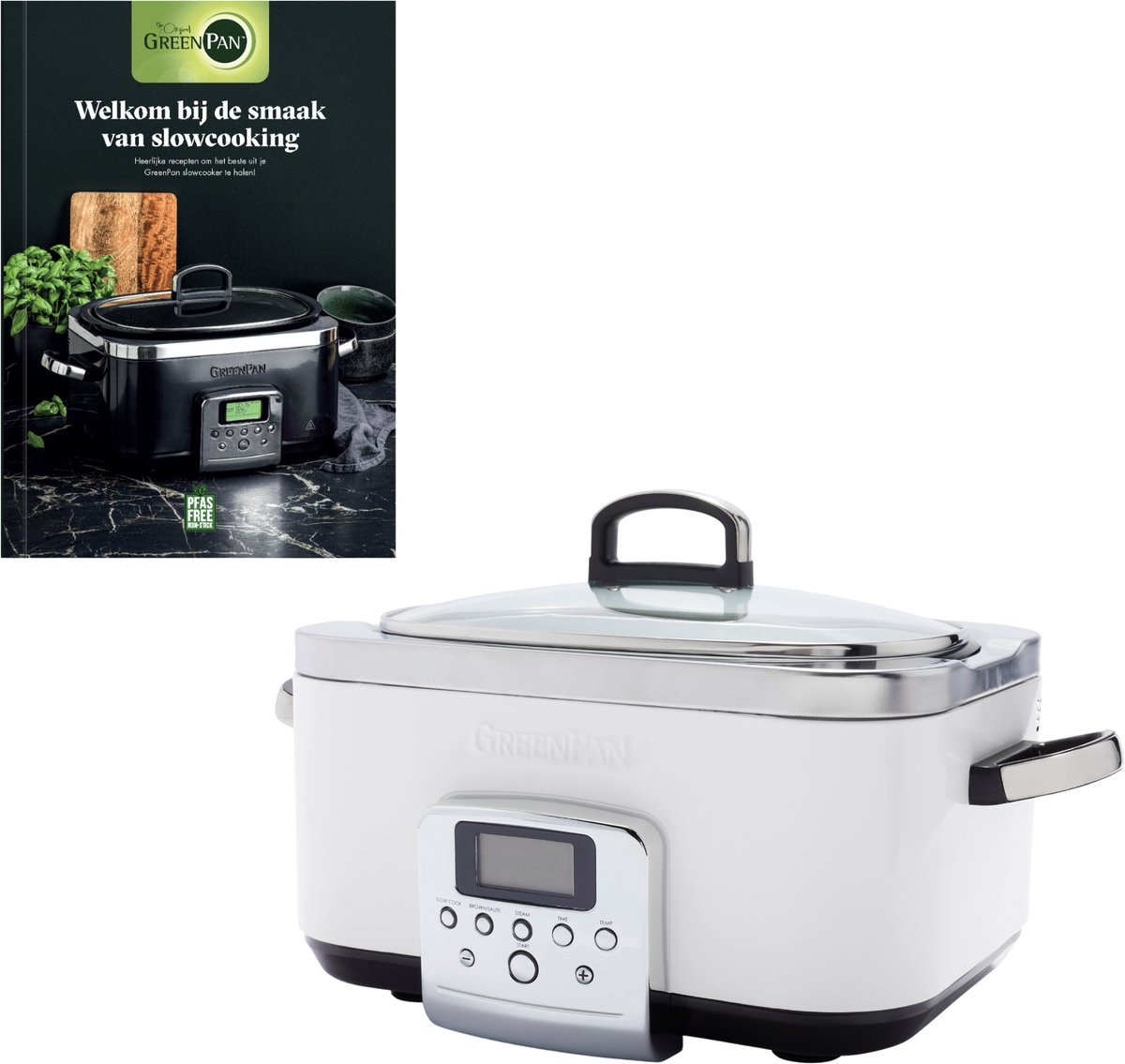 GreenPan Elite Slowcooker 6L - PFAS-vrije antikleeflaag - Leddisplay met kookprogramma's - Koudgreep - Vermogen: 1350 Watt - RVS Deksel - Met Receptenboek - Crème