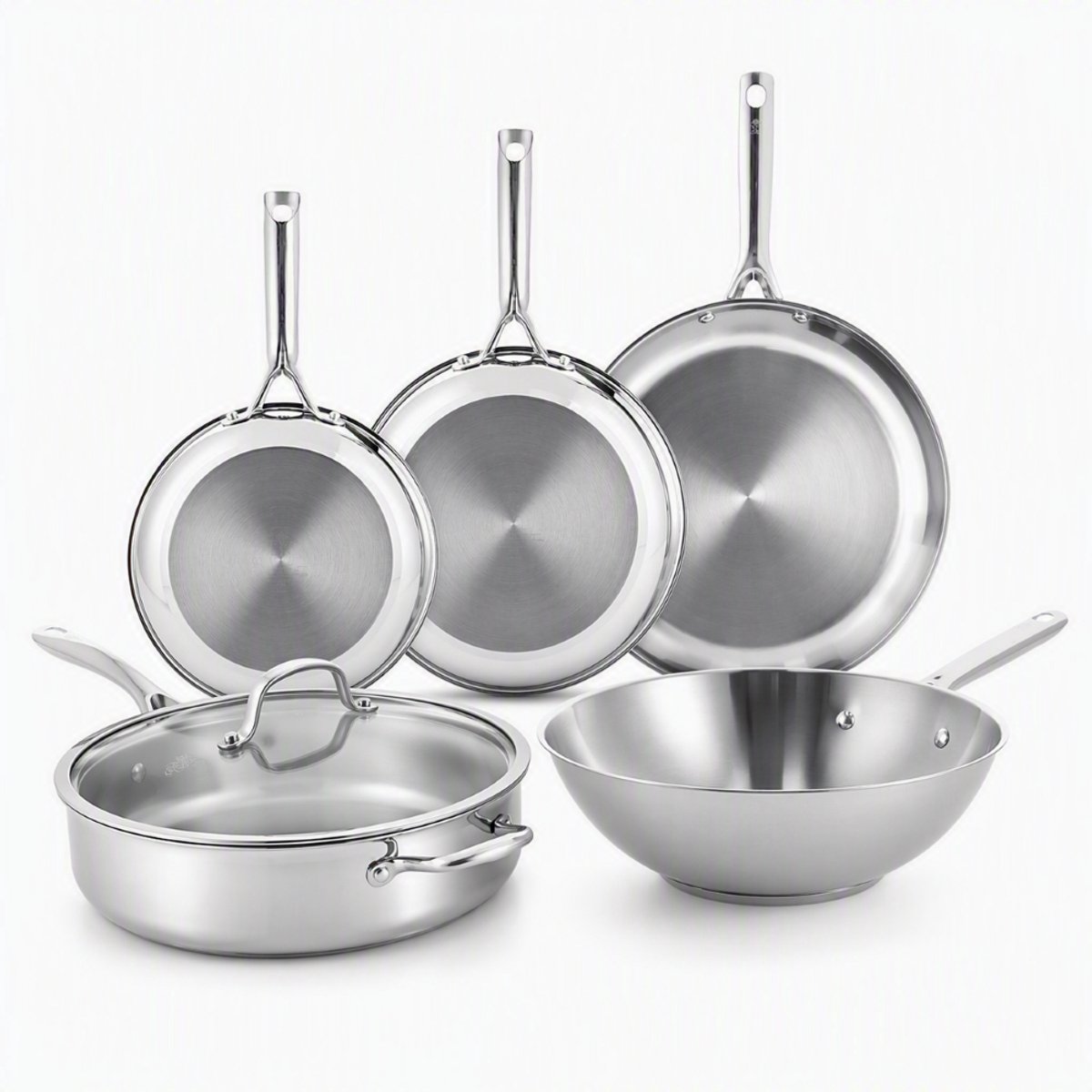 BK Sparkling Uncoated Pannenset 5-delig - Koekenpannen 20/24/28 cm + Wokpan 28 cm/4,2L + Hapjespan met deksel 28 cm/3,6L - Zonder antikleeflaag - Pannenset inductie - RVS pan - Ovenbestendig tot 230°C - RVS handgrepen - Zilver