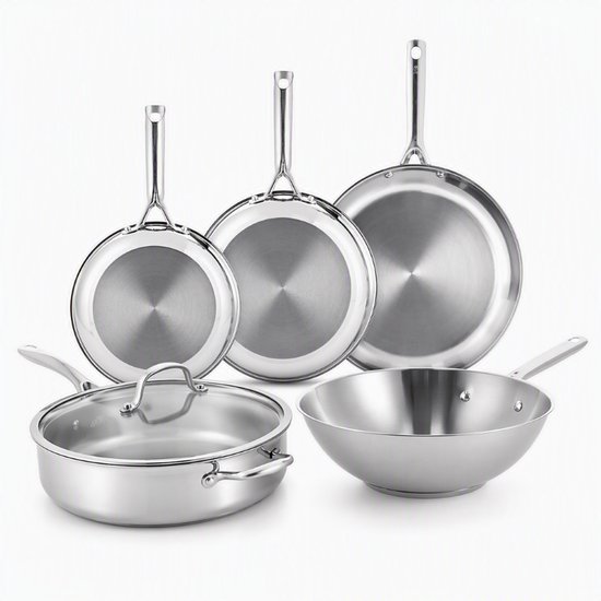 BK Sparkling Uncoated Pannenset 5-delig - Koekenpannen 20/24/28 cm + Wokpan 28 cm/4,2L + Hapjespan met deksel 28 cm/3,6L - Zonder antikleeflaag - Pannenset inductie - RVS pan - Ovenbestendig tot 230°C - RVS handgrepen - Zilver