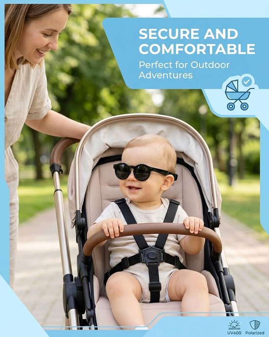 Zonnebril voor baby's, 0-36 maanden, gepolariseerd, met verstelbare riem, siliconen frame, rond, voor kinderen, UV400-bescherming, babyzonnebril, 0 tot 3 jaar, voor jongens en meisjes (zwart) — afbeelding 3