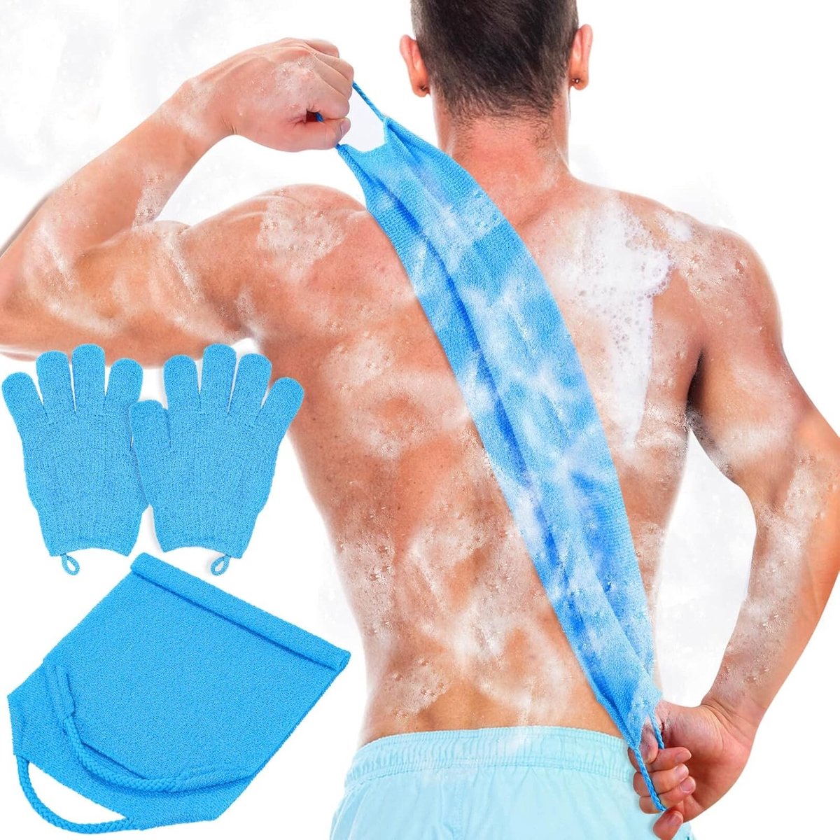 Exfoliërende Badhandschoenen Set voor het Lichaam, Douche Towel en Rugschrobber voor Dode Huidverwijdering, Ideaal voor een Verfrissende Doucheervaring (Blauw)