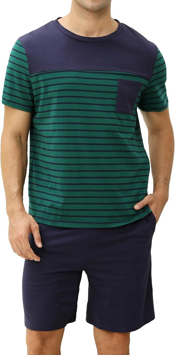 Zomerpyjama voor heren, katoen, kort, 2-delig, korte mouwen, gestreept, met zakken, licht en zacht, loungewear, vrijetijdskleding, zacht en comfortabel, S-XXL