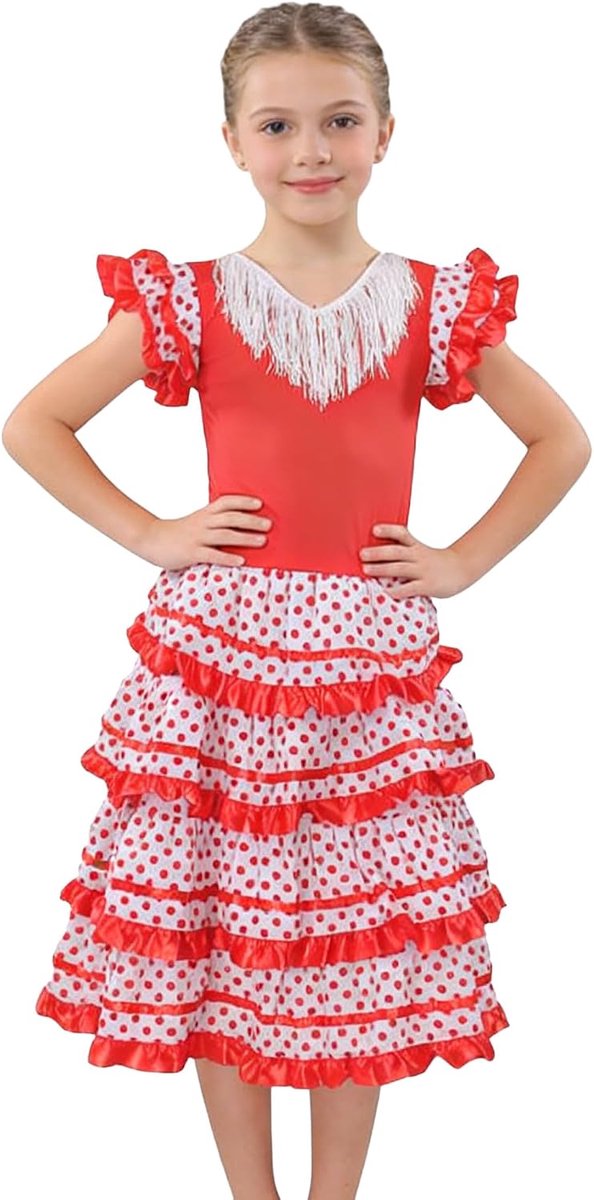 Sevillana-kostuum voor meisjes, flamenco-jurk voor kinderen, met ruches en stippen, traditioneel Andalusisch kostuum voor beurs, carnaval en dans