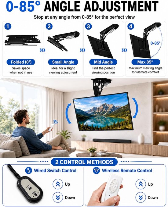 Tv-beugel, Elektrische Tv-plafondmontage Met Afstandsbediening En Schakelaarbediening, Gemotoriseerde Tv-lift Installatiemethoden Voor Plafond- En Wandmon (32-70 inch) — afbeelding 4