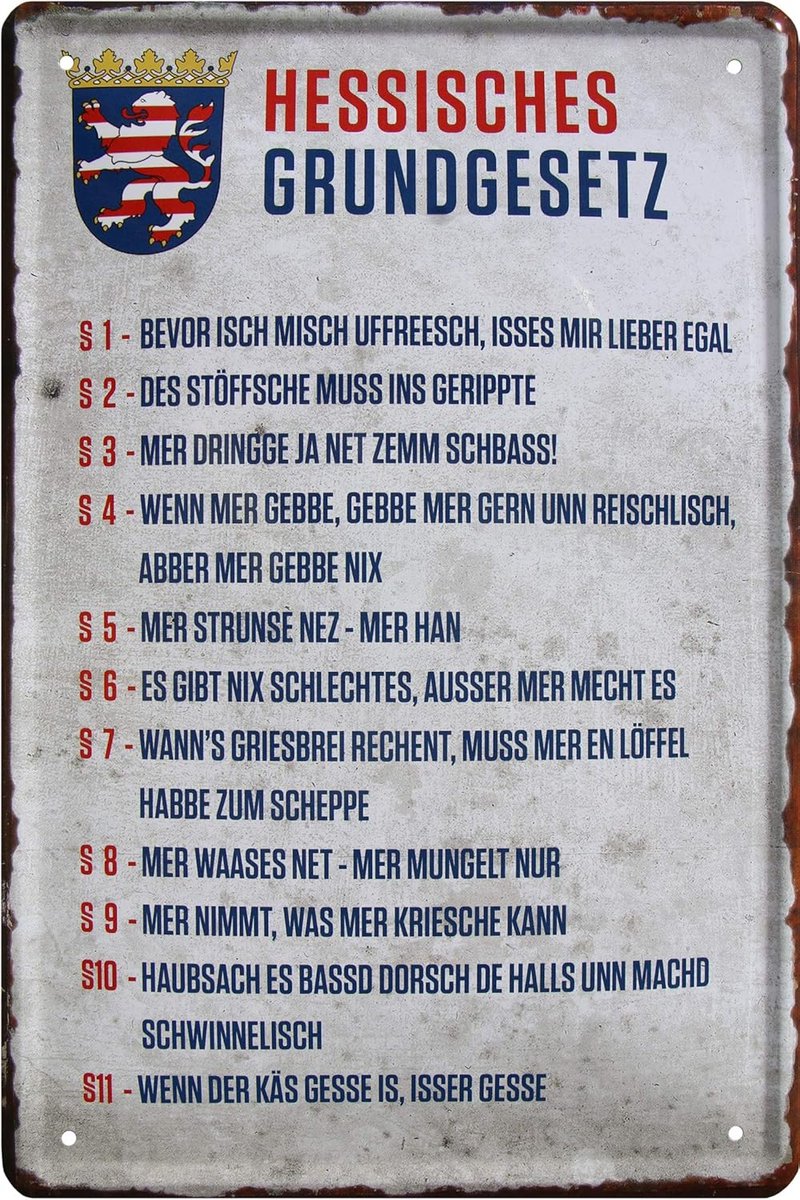 Grondrecht Hessen 20 x 30 cm spreuk decoratief metalen bord 16