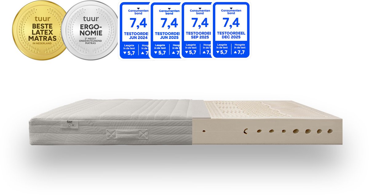 Tuur Original Matras 180x200x21 cm - Natuurlatex - Zacht-Medium Wit