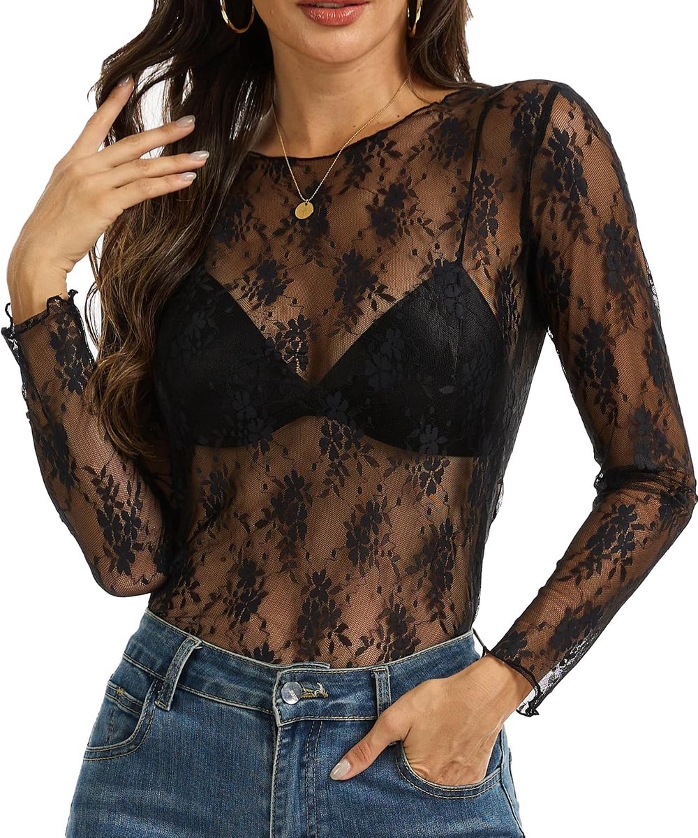 mesh tops, transparante kanten sexy shirt met lange mouwen, doorschijnend T-shirt met ronde hals, mesh top, feesttops