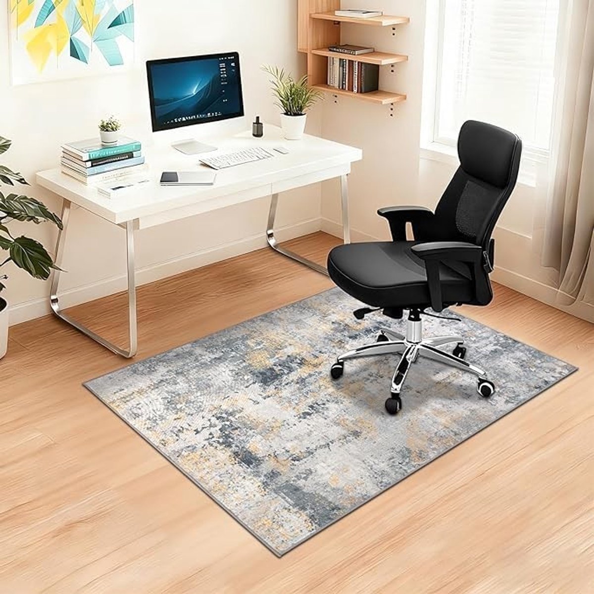 Livatto Antislip Stoelmat 90x120 cm – Vloerbeschermer voor Harde Vloeren – Abstract Grijs Goud – Onderlegger voor Bureaustoel