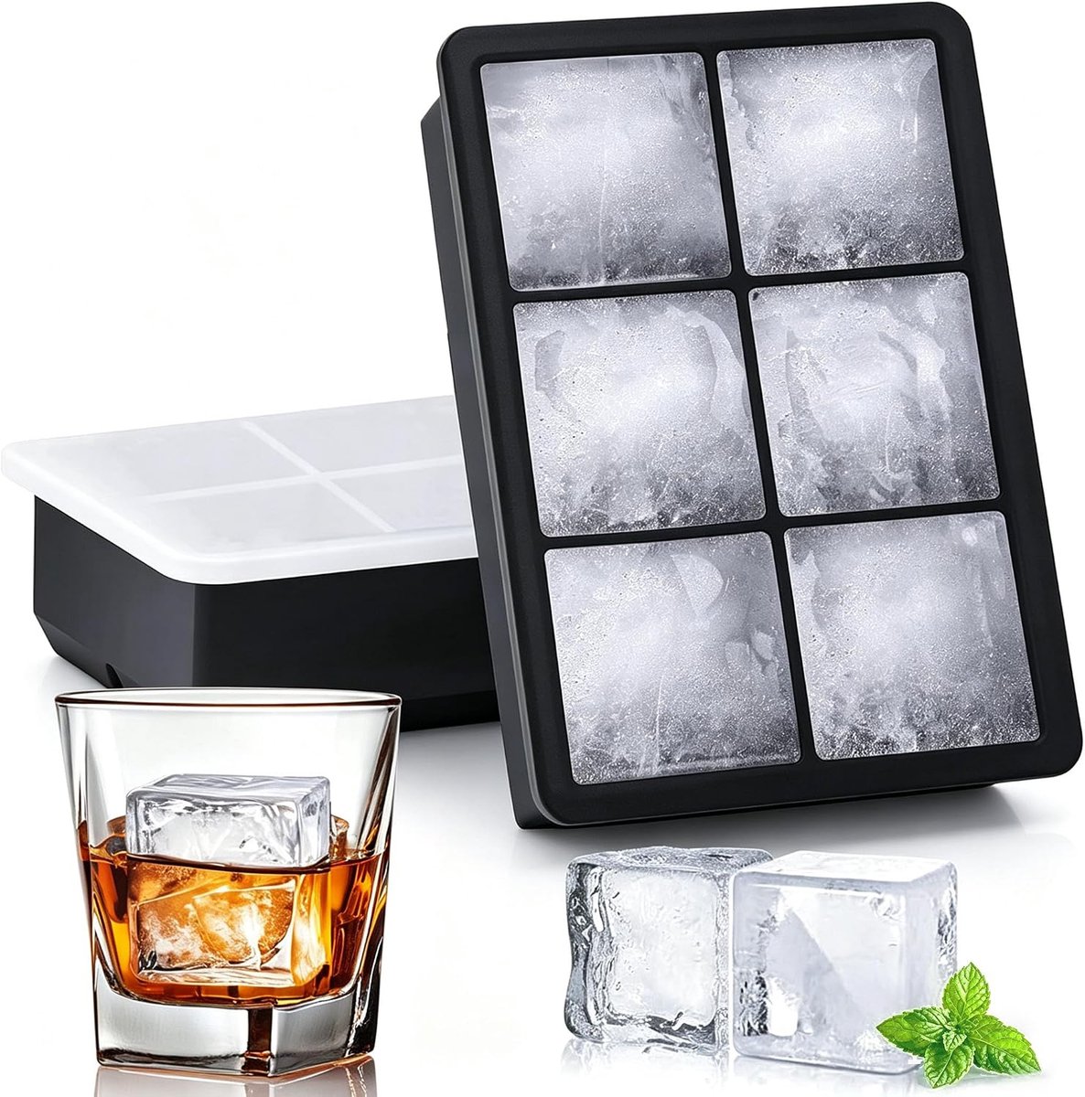 siliconen ijsblokjesvorm (2-pack), Easy Release 5 cm grote ijsblokjes - cocktail, whisky ijsblokjesvorm - ijsbakjes voor vriezer met deksel lekvrij - stapelbare siliconen ijsbak