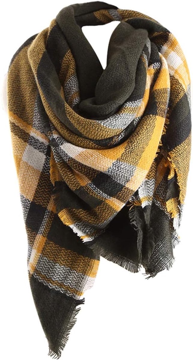 XXL damessjaal geruit oversized vierkante dekensjaal herfstsjaal wintersjaal geruit tartan strepen plaid patroon oversized franjes poncho