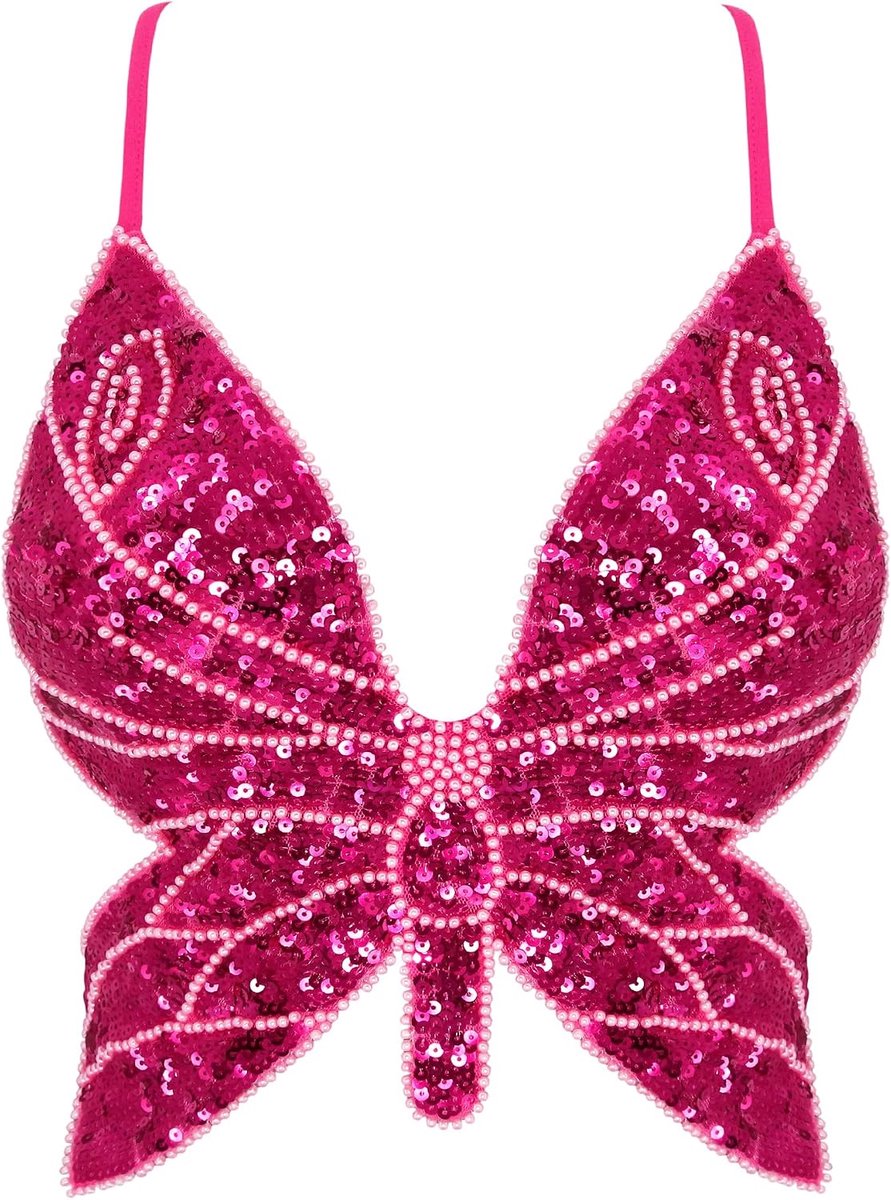 glitter pailletten vlinder crop top laag uitgesneden tanktop rave buis vest top voor buikdanskostuumoutfits, Roos Rode Vlinder, One Size