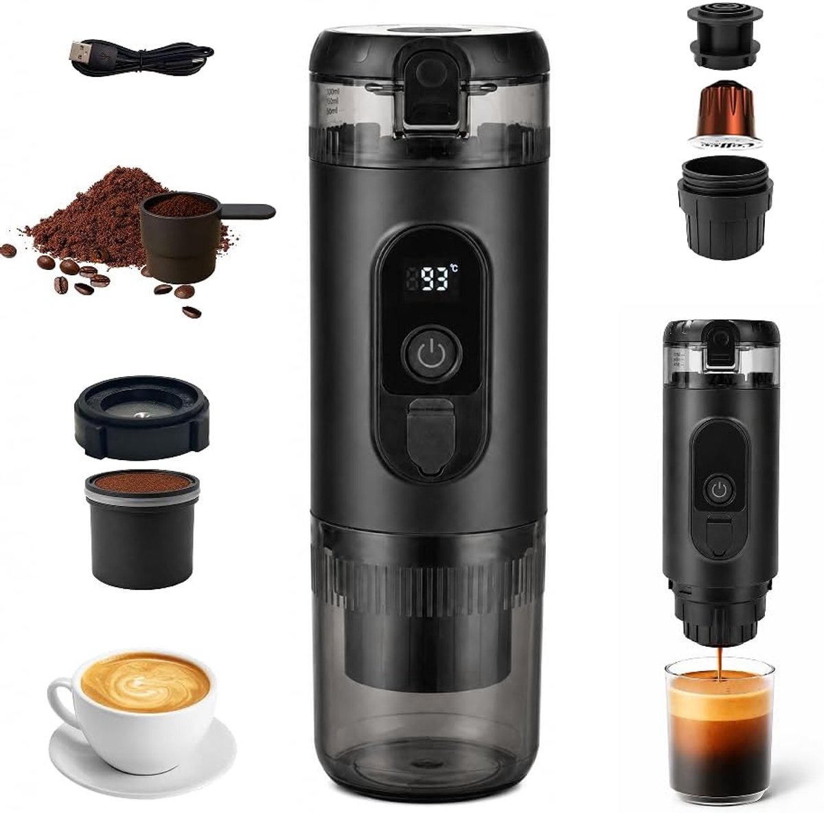 Koffiezetapparaat, elektrisch koffiezetapparaat met led-temperatuurdisplay, compatibel met capsules en gemalen koffie